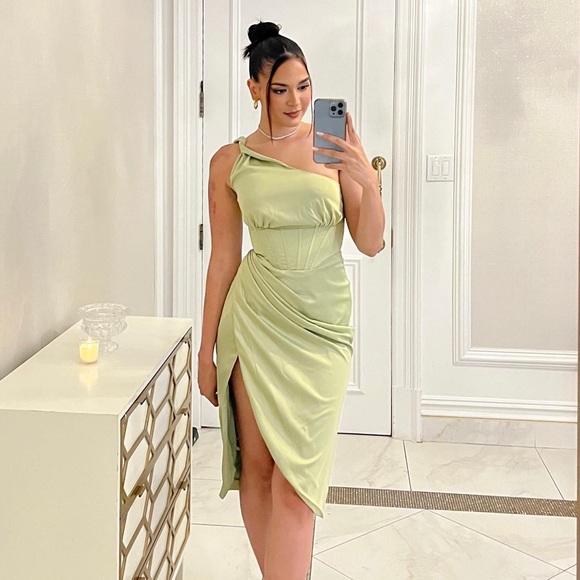 white christmas dresses Harper Corset Satin Midi Dress (Sage Green) S